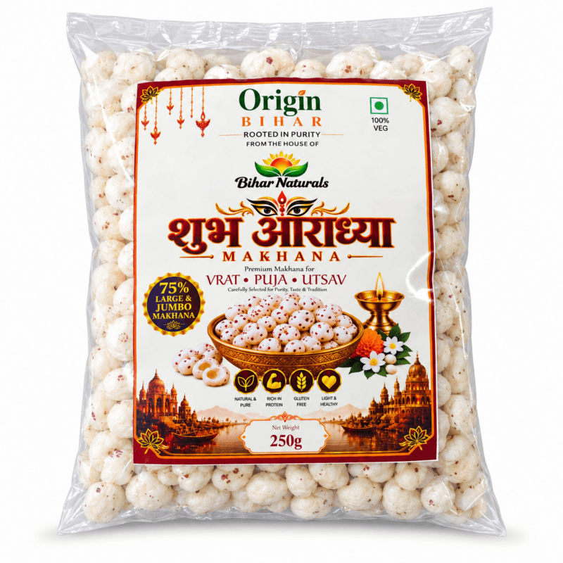 Origin Bihar Shubh Aradhya Makhana 250 g front pack — 75% large and jumbo dana
